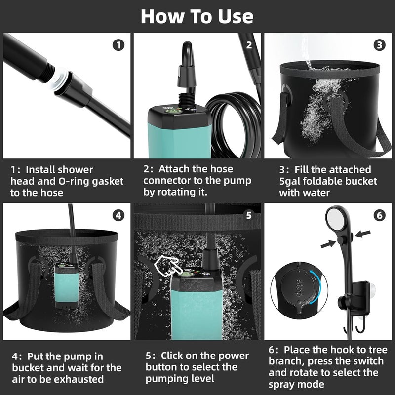 MORIKO Portable Camping Shower, 6000mAh Rechargeable Shower Pump, Filtered Shower Head & 5 Gallons Foldable Bucket, Outdoor Shower for Hiking Beach, Travel, Pet Bath, Car Washing, Surf & Boat Cleaning - Image 4